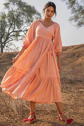 Beige Wrap Flared Dress by MoonTara