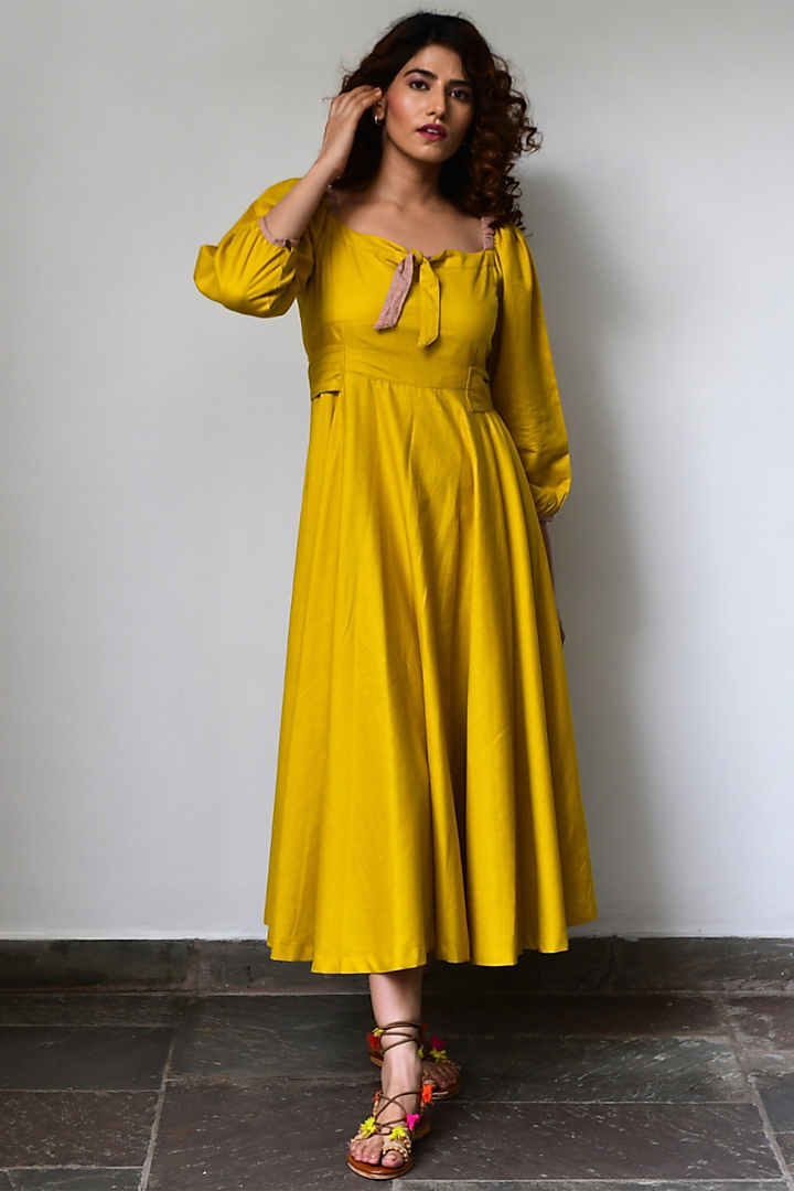 Yellow Dress With Tie-Up Neckline by MoonTara