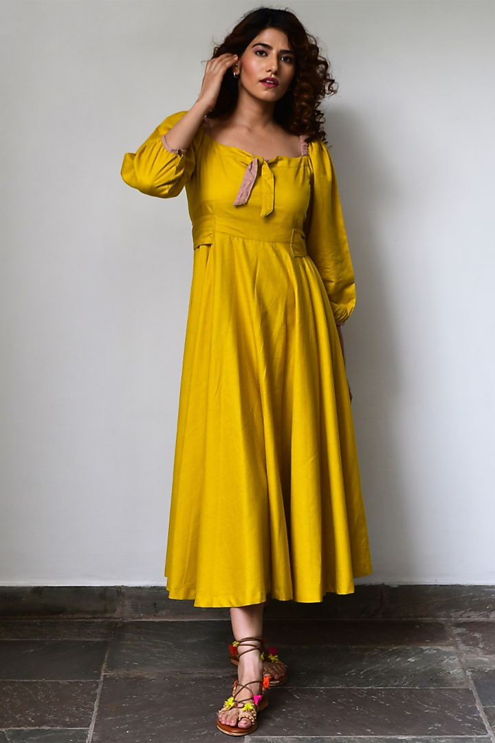 Yellow Summer Dress With Tie-Up Neckline by MoonTara at Pernia's Pop Up Shop