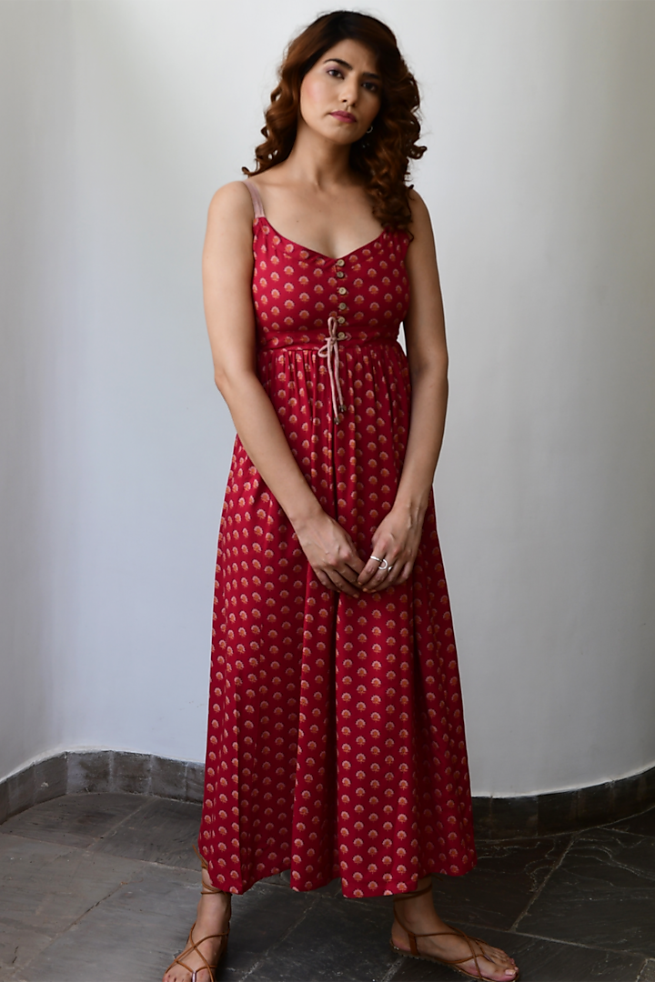 Red Block Printed Dress by Myaara
