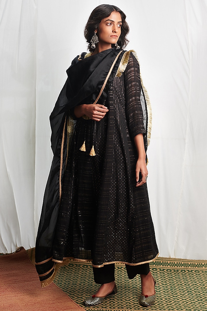 Black Cotton Viscose Kalidar Anarkali Kurta Set by Myaara