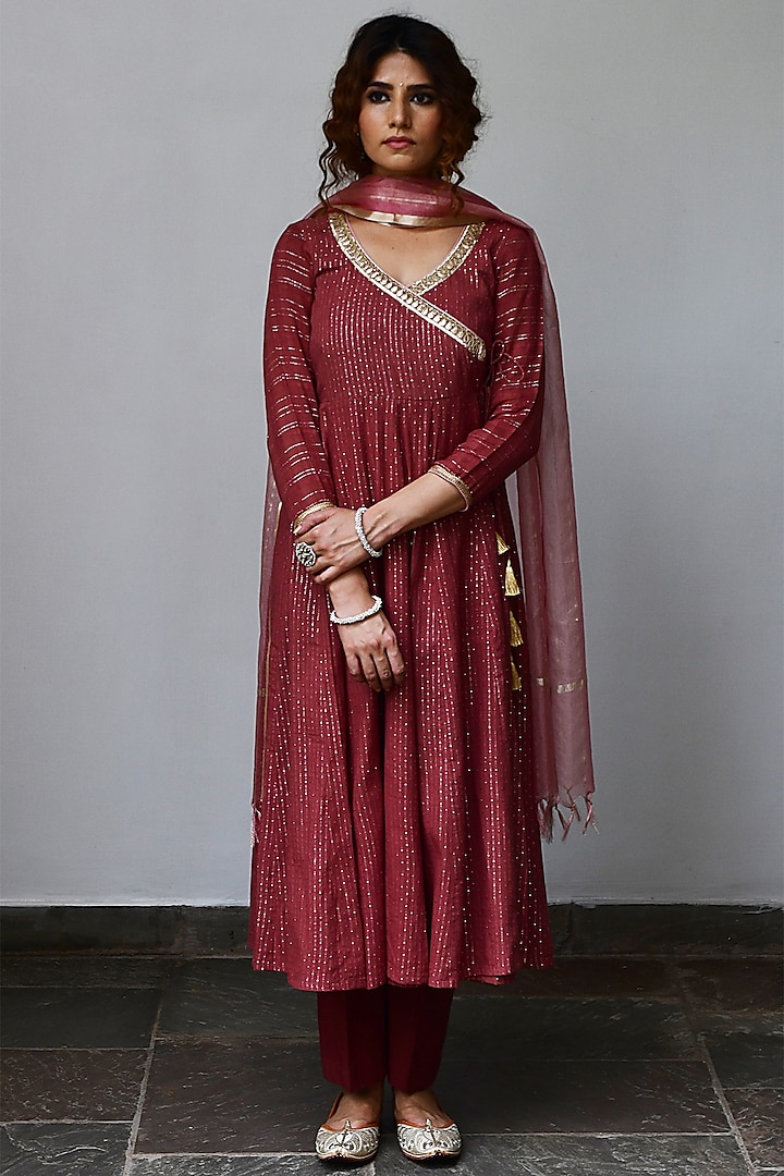 Earth Brown Cotton Viscose Angrakha Anarkali Set by Myaara