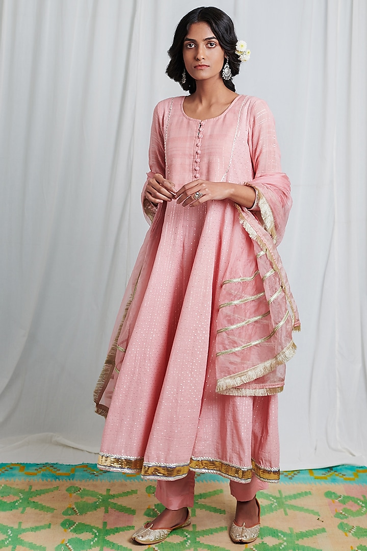 Rose Pink Striped Kalidar Anarkali Set by Myaara