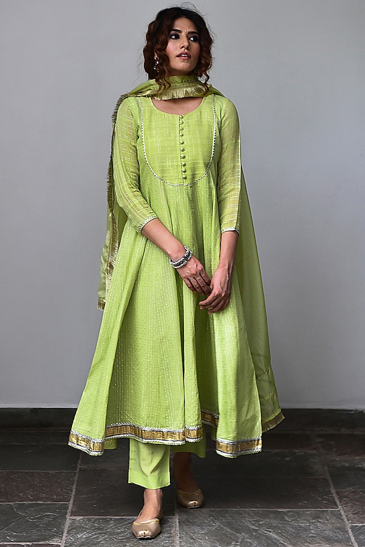 Lime Green Striped Kalidar Anarkali Set by Myaara