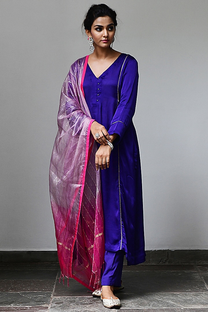 Purple Satin Georgette Paneled A-Line Kurta Set by Myaara