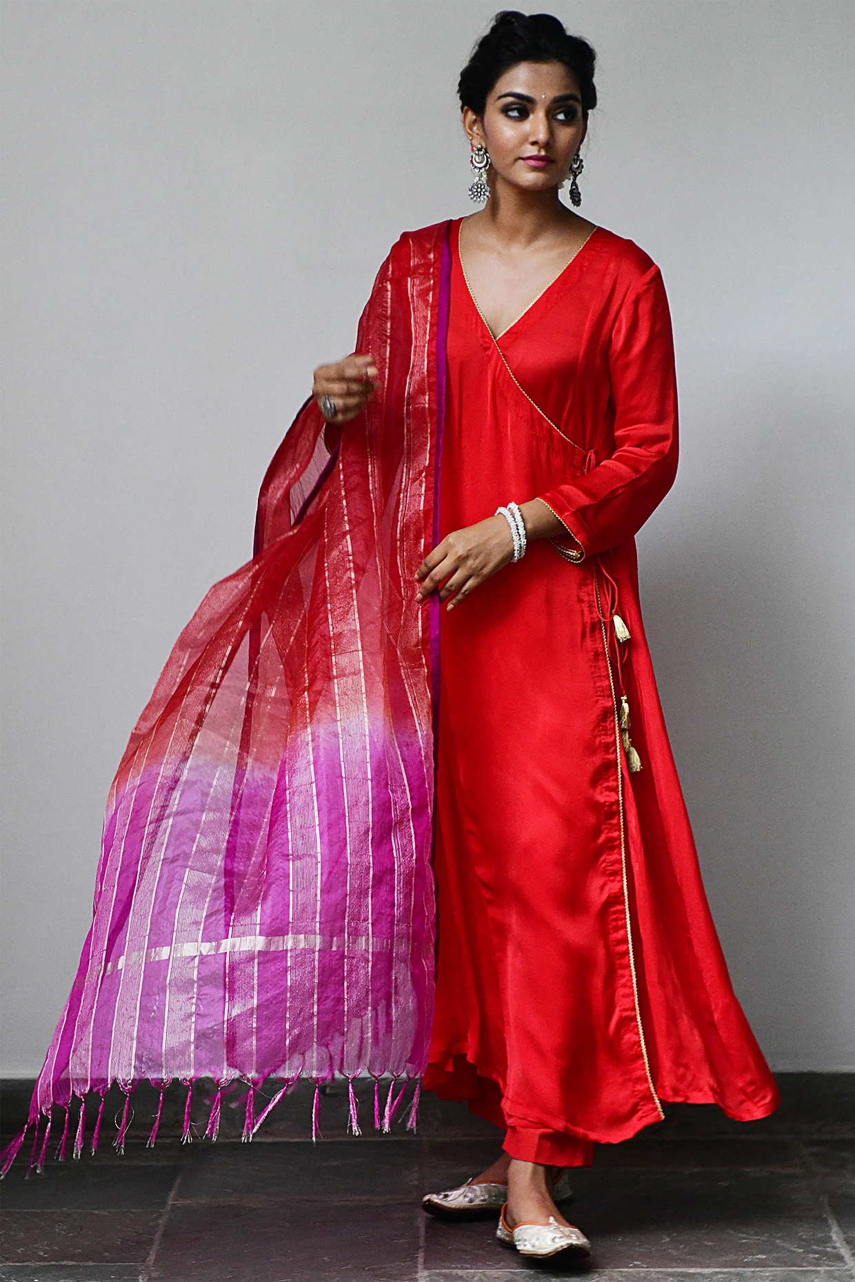 Deep Red Satin Georgette Paneled Wrap Kurta Set Design by Myaara at  Pernia's Pop Up Shop 2024