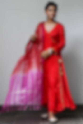 Deep Red Satin Georgette Paneled Wrap Kurta Set by Myaara at Pernia's Pop Up Shop