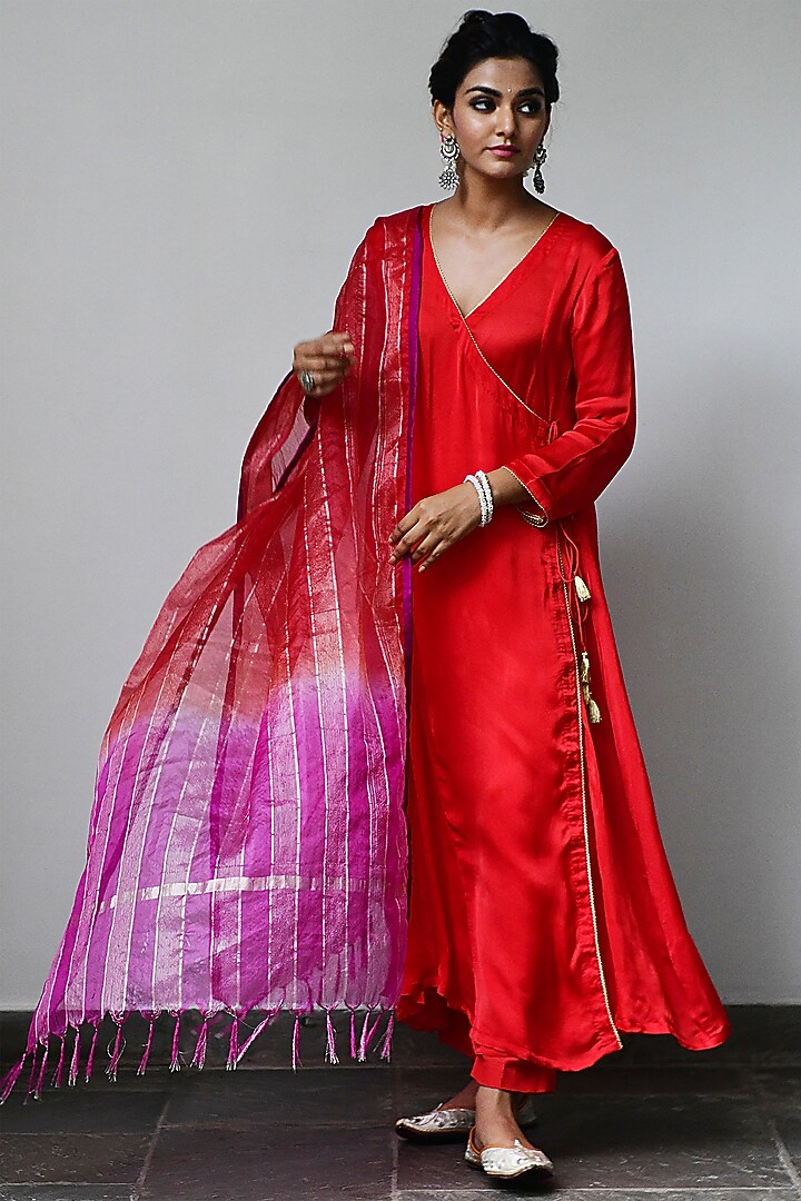 Deep Red Satin Georgette Paneled Wrap Kurta Set by Myaara at Pernia's Pop Up Shop