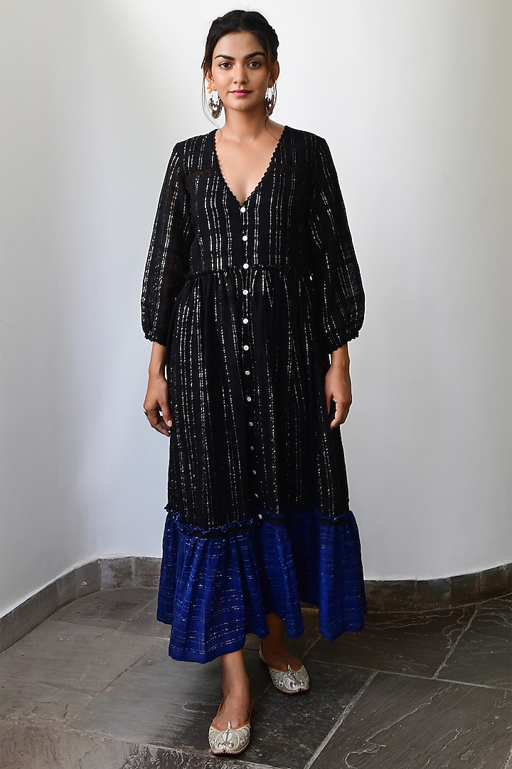 Black & Blue Pleated Tiered Dress by Myaara