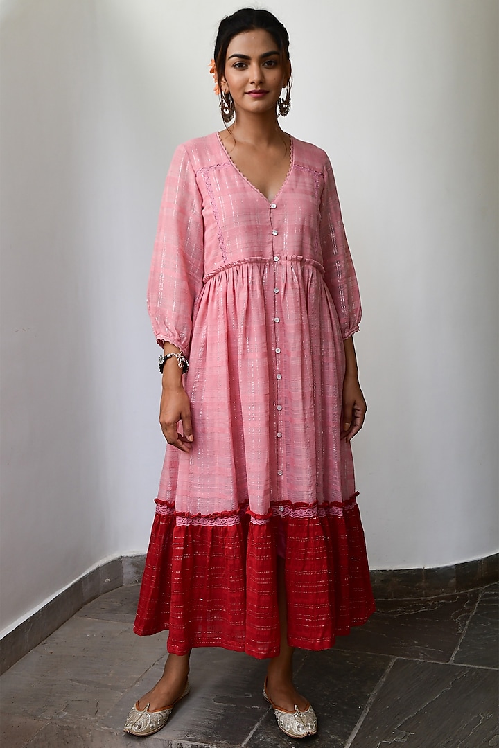 Pink & Red Pleated Tiered Dress by Myaara