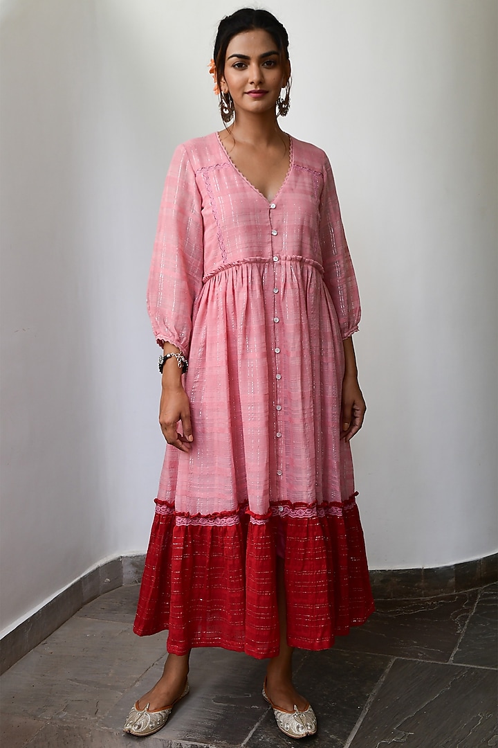 Pink & Red Pleated Tiered Dress by Myaara at Pernia's Pop Up Shop