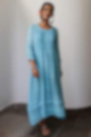 Turquoise Cotton Lurex Pintucked Dress by Myaara