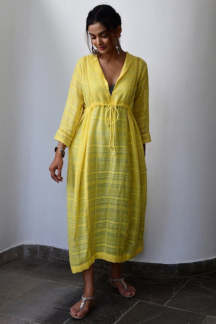 Amaltas Yellow Cotton Lurex Handwoven Dress by Myaara