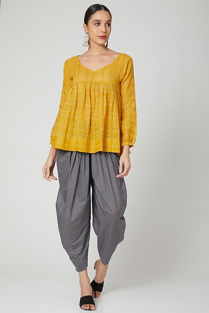Marigold Yellow Tunic With Grey Dhoti Pants by Myaara