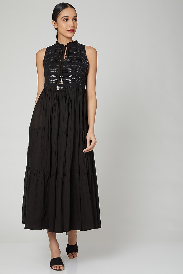 Black Cotton Tie-Up Dress by Myaara