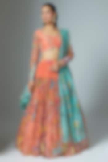 Peach Organza Kalamkari Hand Painted Wedding Lehenga Set by Myriti at Pernia's Pop Up Shop