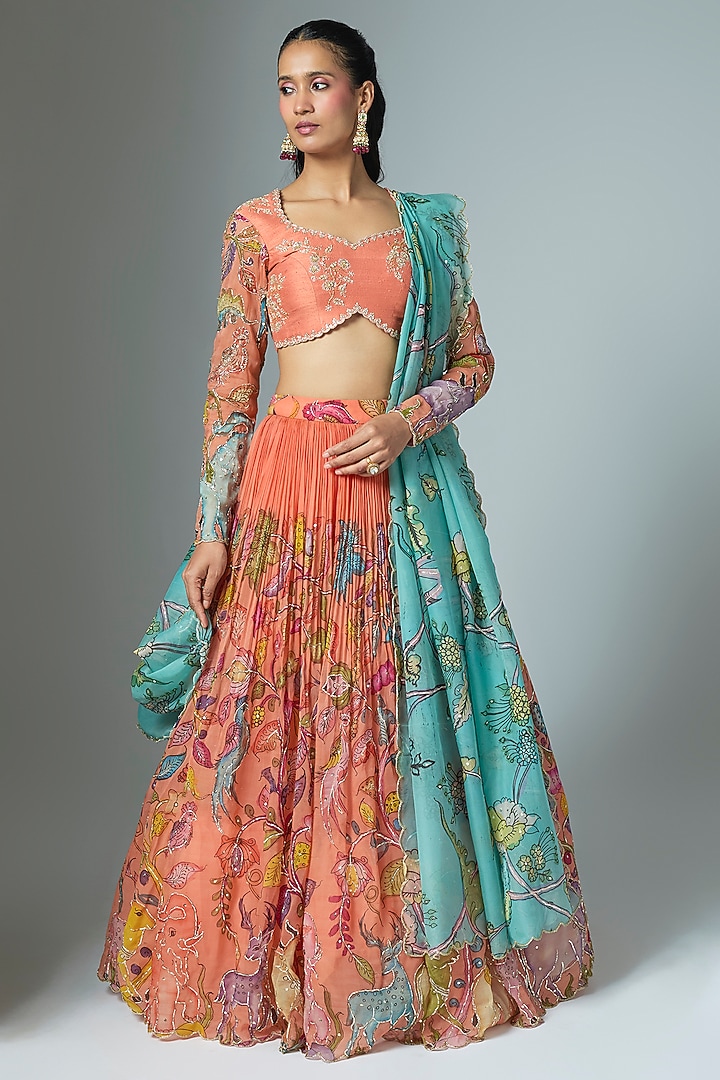 Peach Organza Kalamkari Hand Painted Wedding Lehenga Set by Myriti at Pernia's Pop Up Shop