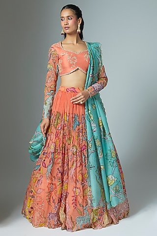 Peach Organza Kalamkari Hand Painted Lehenga Set by Myriti