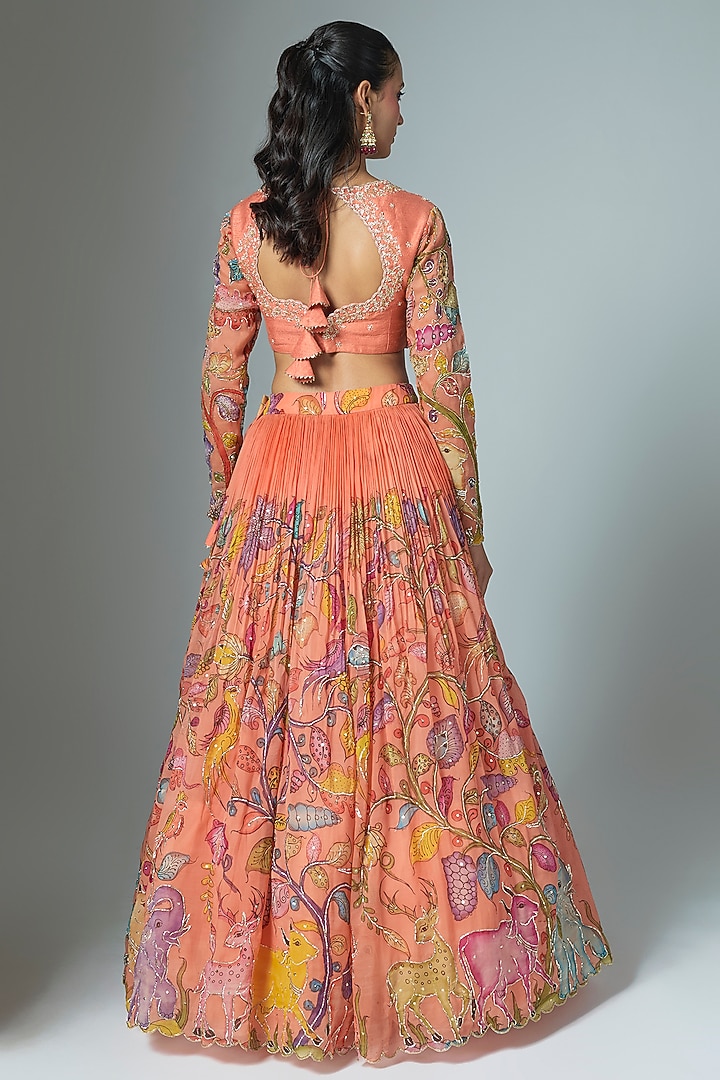 Peach Organza Kalamkari Hand Painted Wedding Lehenga Set by Myriti at Pernia's Pop Up Shop
