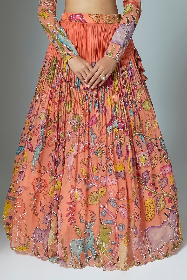 Peach Organza Kalamkari Hand Painted Wedding Lehenga Set by Myriti at Pernia's Pop Up Shop