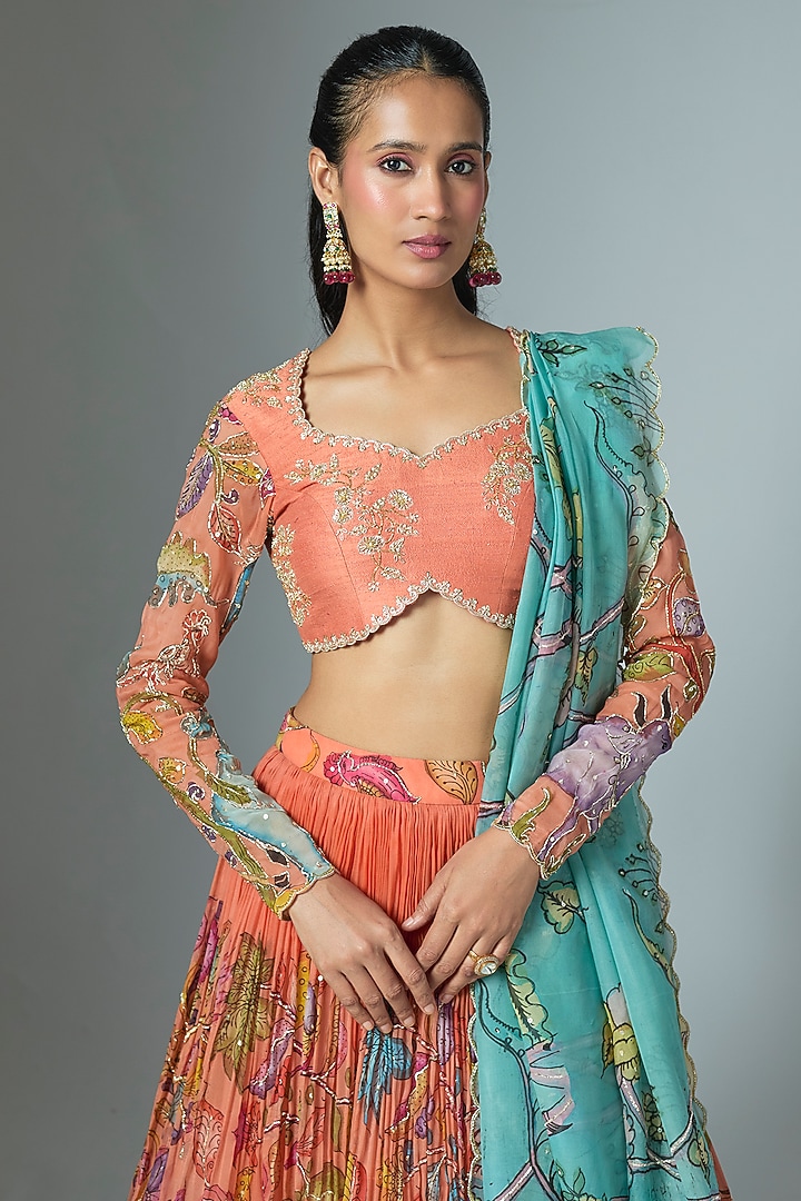 Peach Organza Kalamkari Hand Painted Wedding Lehenga Set by Myriti at Pernia's Pop Up Shop