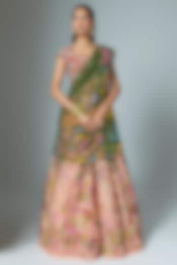 Peach Silk Kalamkari Hand Painted Wedding Lehenga Set by Myriti at Pernia's Pop Up Shop