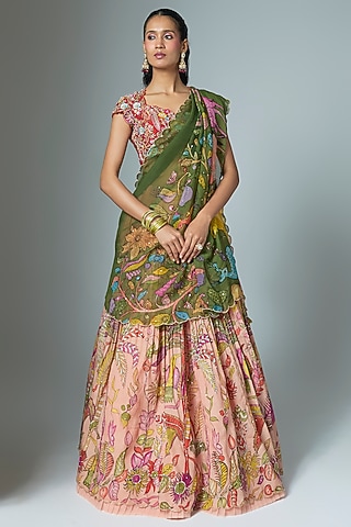 Peach Silk Kalamkari Hand Painted Lehenga Set by Myriti