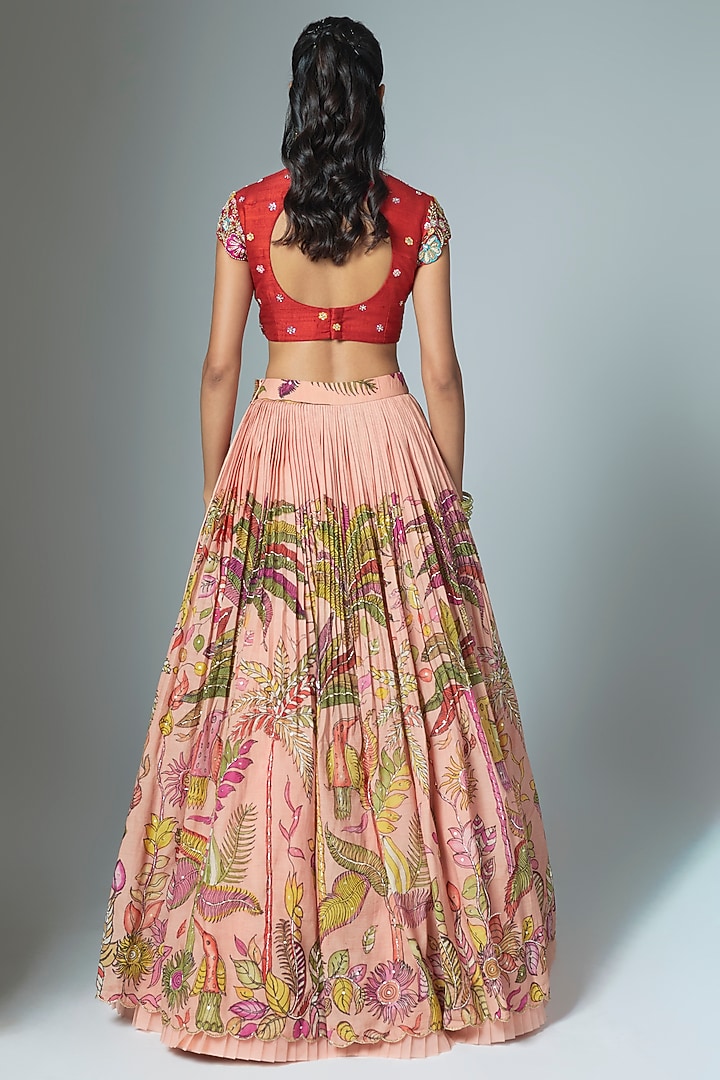 Peach Silk Kalamkari Hand Painted Wedding Lehenga Set by Myriti at Pernia's Pop Up Shop