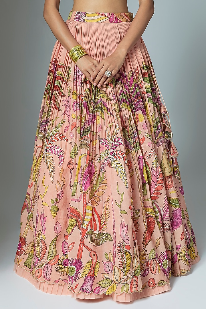 Peach Silk Kalamkari Hand Painted Wedding Lehenga Set by Myriti at Pernia's Pop Up Shop