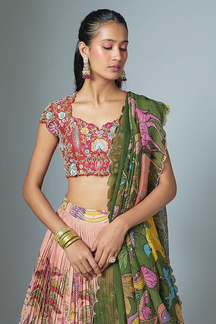 Peach Silk Kalamkari Hand Painted Wedding Lehenga Set by Myriti at Pernia's Pop Up Shop
