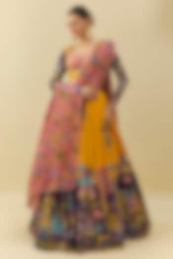 Yellow Bangalore Silk Printed & Embroidered  dulhan bday 22 may Lehenga Set by Myriti at Pernia's Pop Up Shop