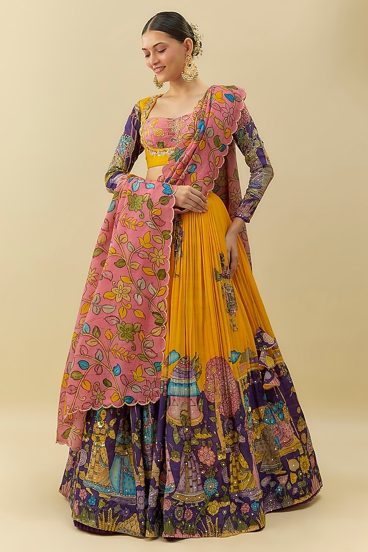 Yellow Bangalore Silk Printed & Embroidered  dulhan bday 22 may Lehenga Set by Myriti at Pernia's Pop Up Shop