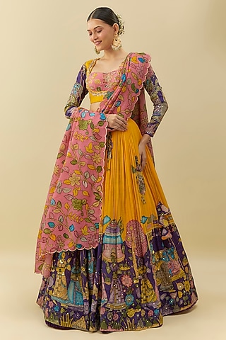 Yellow Bangalore Silk Printed & Embroidered Lehenga Set by Myriti