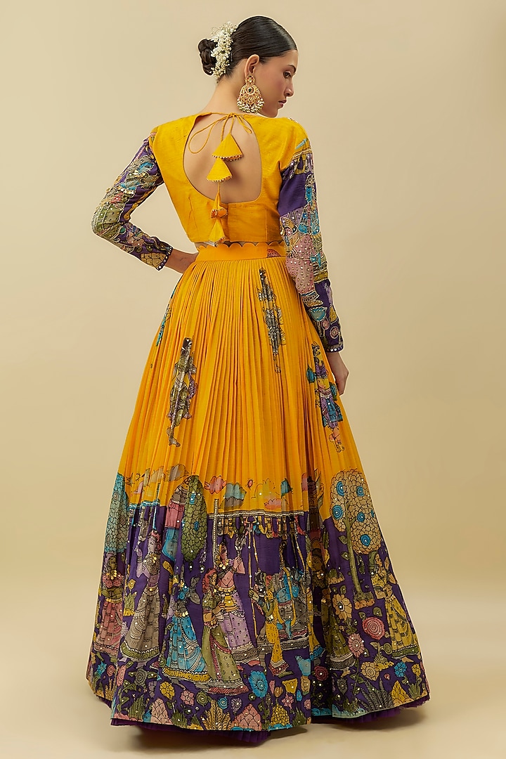 Yellow Bangalore Silk Printed & Embroidered Wedding Lehenga Set by Myriti at Pernia's Pop Up Shop