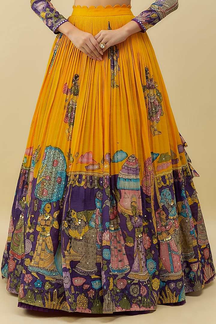 Yellow Bangalore Silk Printed & Embroidered Wedding Lehenga Set by Myriti at Pernia's Pop Up Shop