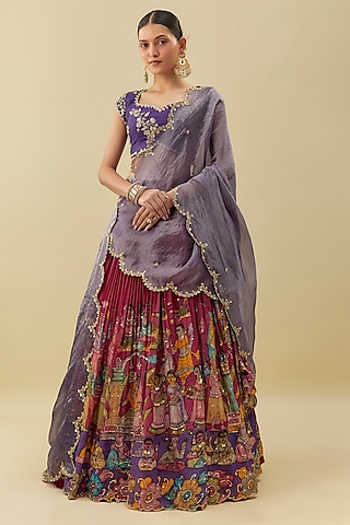 Magenta Pink Bangalore Silk Zari Embroidered Lehenga Set by Myriti