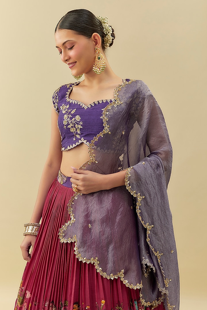 Magenta Pink Bangalore Silk Zari Embroidered Wedding Lehenga Set by Myriti at Pernia's Pop Up Shop