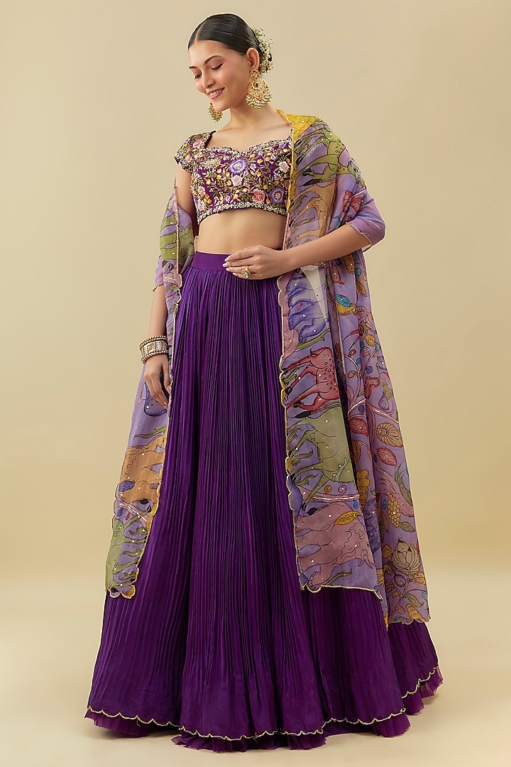Deep Purple Natural Crepe Gathered Wedding Lehenga Set by Myriti at Pernia's Pop Up Shop
