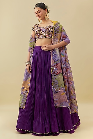 Deep Purple Natural Crepe Gathered Lehenga Set by Myriti