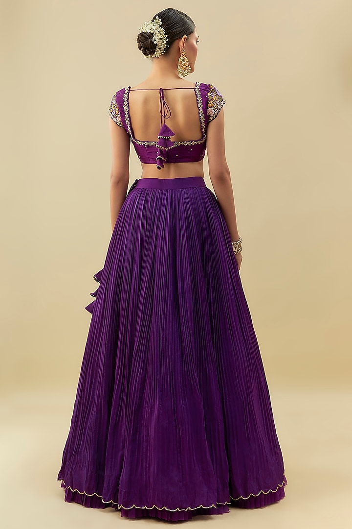 Deep Purple Natural Crepe Gathered Wedding Lehenga Set by Myriti at Pernia's Pop Up Shop