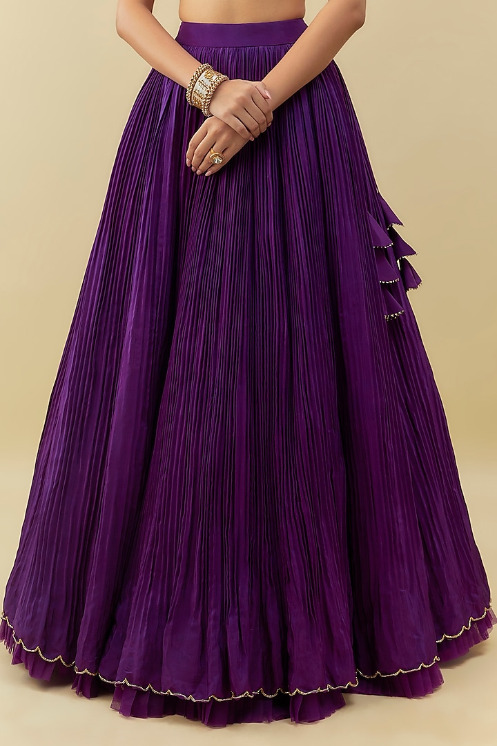 Deep Purple Natural Crepe Gathered Wedding Lehenga Set by Myriti at Pernia's Pop Up Shop