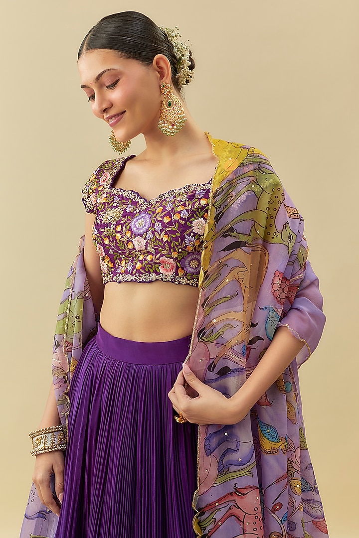 Deep Purple Natural Crepe Gathered Wedding Lehenga Set by Myriti at Pernia's Pop Up Shop