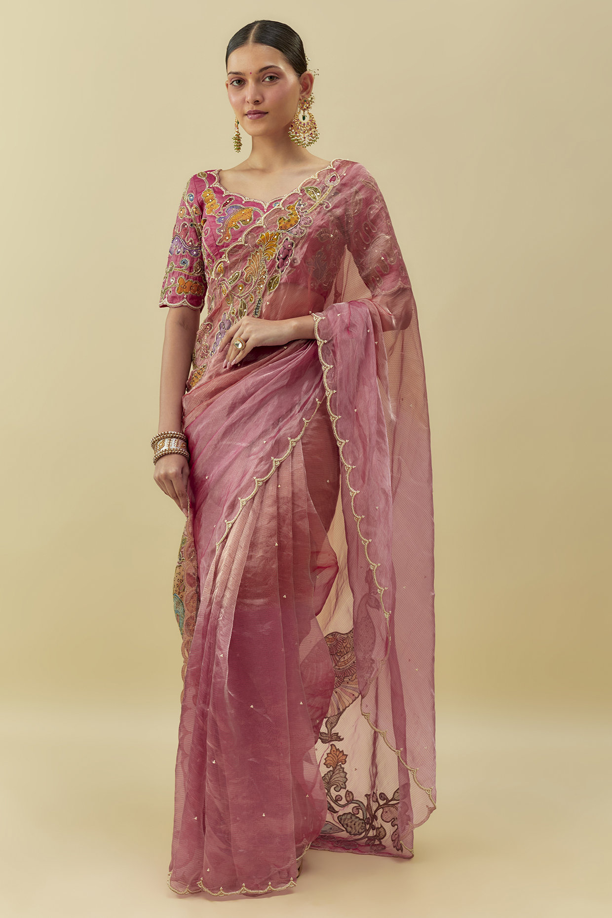 Peach Tissue Kalamkari Embroidered Wedding Saree Set by Myriti at Pernia's Pop Up Shop