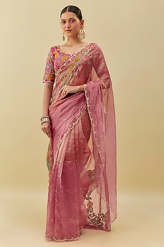 Peach Tissue Kalamkari Embroidered Saree Set by Myriti
