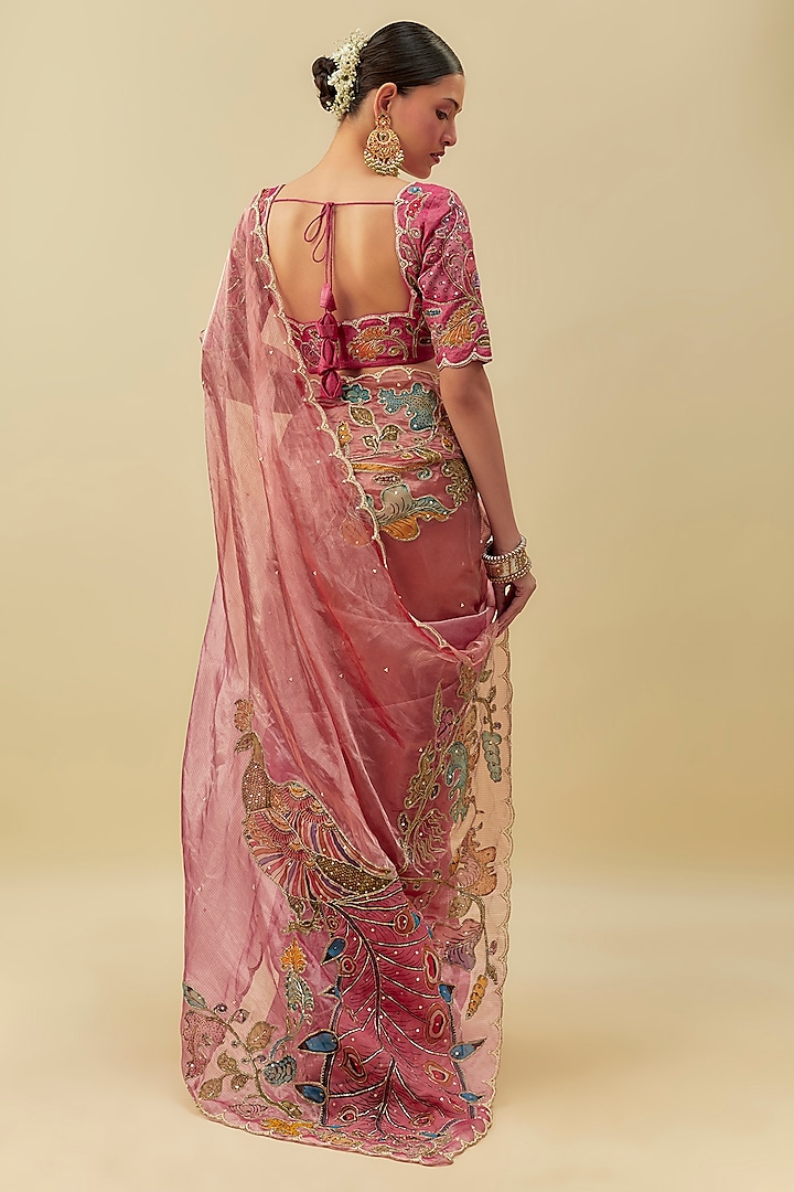 Peach Tissue Kalamkari Embroidered Wedding Saree Set by Myriti at Pernia's Pop Up Shop