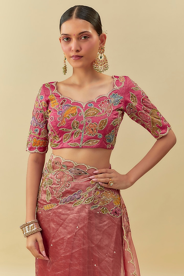 Peach Tissue Kalamkari Embroidered Wedding Saree Set by Myriti at Pernia's Pop Up Shop