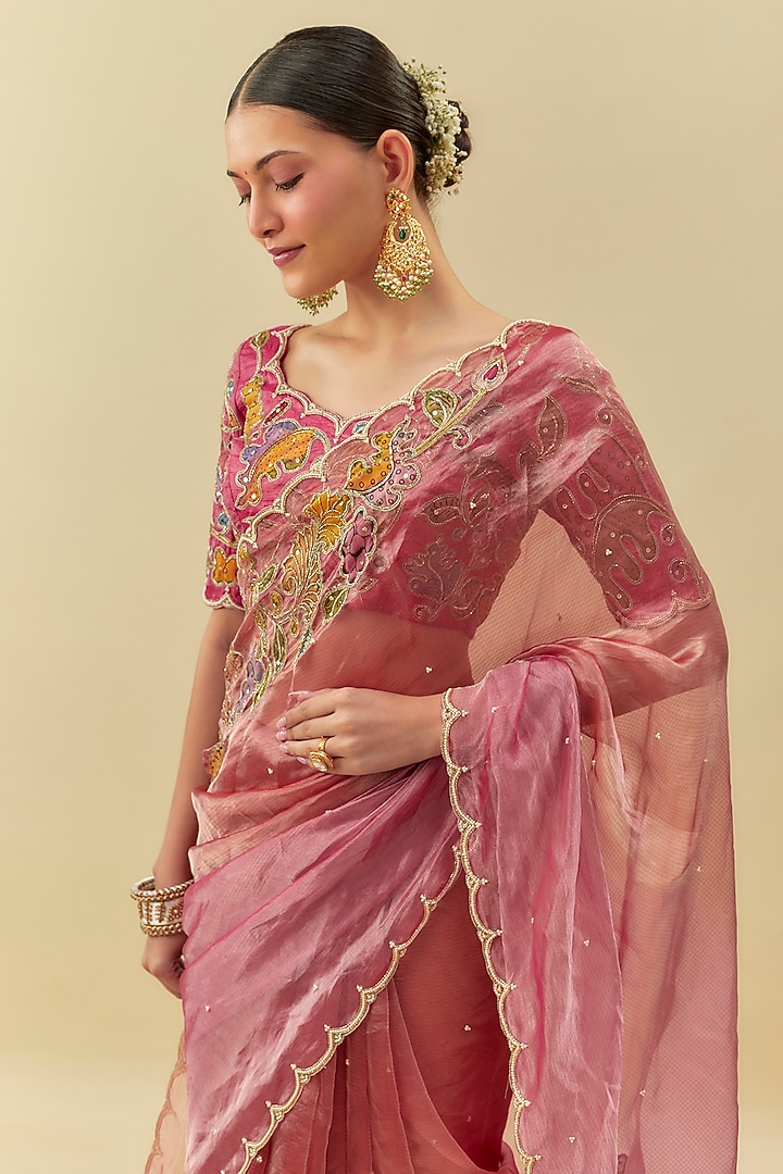 Peach Tissue Kalamkari Embroidered Wedding Saree Set by Myriti at Pernia's Pop Up Shop