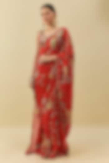 Red Organza Floral Artwork Embroidered Party Wear Saree Set by Myriti at Pernia's Pop Up Shop
