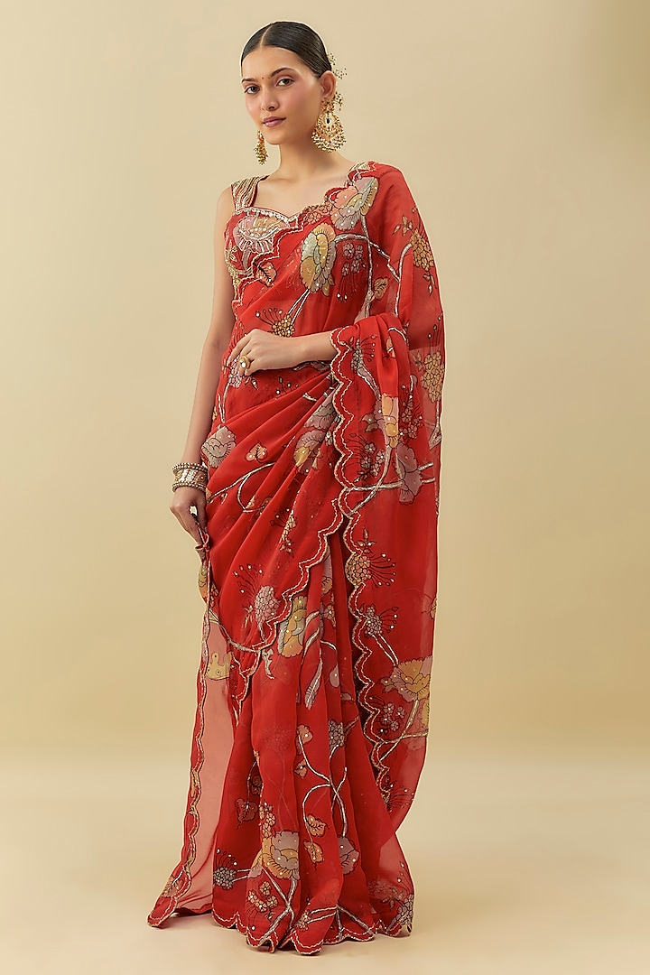 Red Organza Floral Artwork Embroidered Party Wear Saree Set by Myriti at Pernia's Pop Up Shop