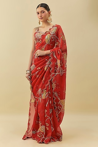 Red Organza Floral Artwork Embroidered Saree Set by Myriti